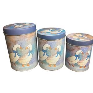 3 Pc Set Tin Nesting Canisters Christmas Winter Goose Ducks Blue Ribbons
